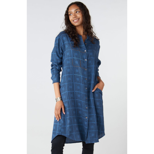 Akshita Band Collar Button-Down Long Shirt - Marine/Black Akshita Band Collar Button-Down Long Shirt - Marine/Black