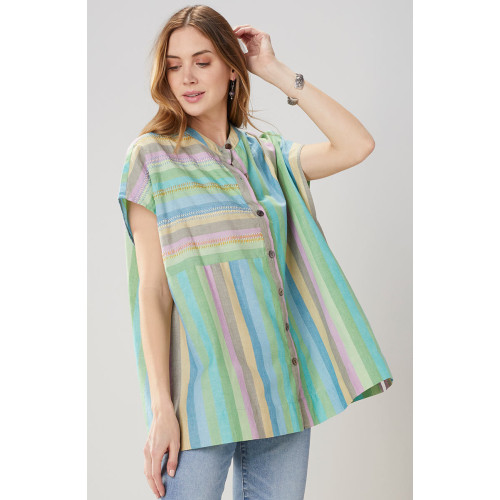 Ambala Oversize Cap-Sleeve Shirt - Spearmint/Multi
