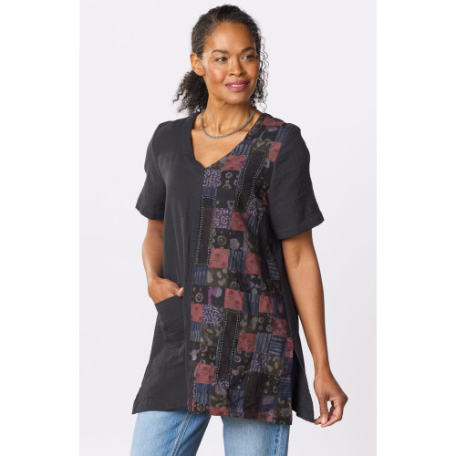 Rushila Upcycled Patchwork V-neck Tunic - Black/Chindi Rushila Upcycled Patchwork V-neck Tunic - Black/Chindi