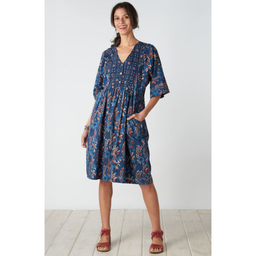 Malashri Mixed Print Knee-Length Dress - Indigo/Multi Malashri Mixed Print Knee-Length Dress - Indigo/Multi