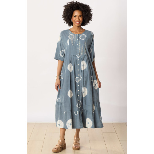 Avika Short-Sleeve Shibori Button-Down Long Dress - Pond Avika Short-Sleeve Shibori Button-Down Long Dress - Pond