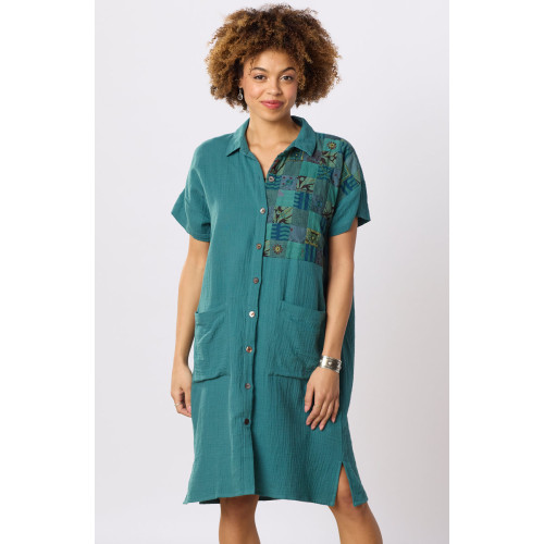 Shireen Cotton Double Gauze Upcycled Patchwork Shirt Dress - Dusty teal/Chindi Shireen Cotton Double Gauze Upcycled Patchwork Shirt Dress - Dusty teal/Chindi