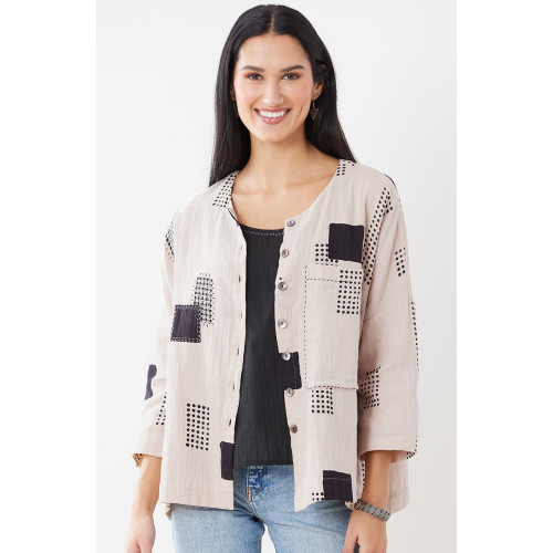 Rishra Cotton Double Gauze Block Print Jacket - Natural/Black Rishra Cotton Double Gauze Block Print Jacket - Natural/Black