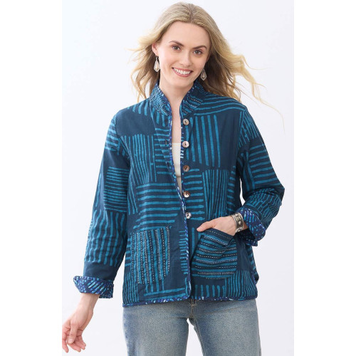Anandi Reversible Band Collar Jacket - Deep sea/Charcoal Anandi Reversible Band Collar Jacket - Deep sea/Charcoal