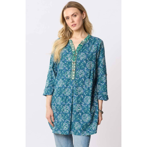Raisa Roll-Sleeve Band Collar Shirt - Summer night Raisa Roll-Sleeve Band Collar Shirt - Summer night
